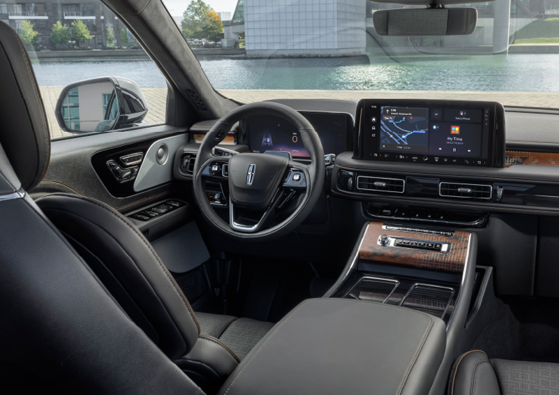 The interior of the 2025 Lincoln Aviator® SUV is shown parked with a view of a harbor through the windshield. | Parks Lincoln of Tampa in Tampa FL