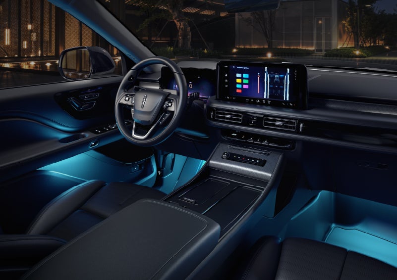 Deep blue ambient lighting glows from various places within a 2026 Lincoln Aviator® SUV. | Parks Lincoln of Tampa in Tampa FL